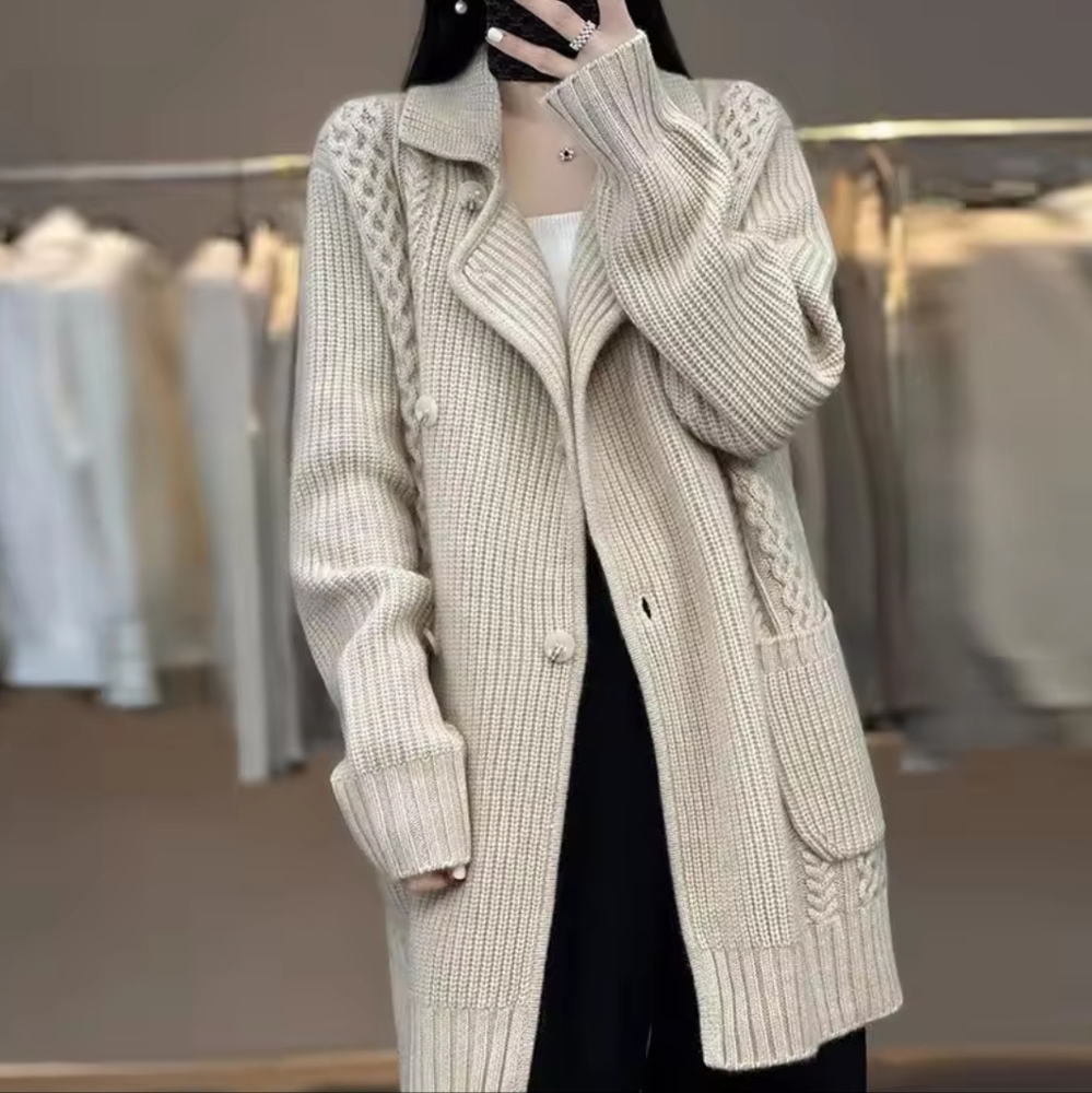 cardigan women's lace-up suit collar thick loose mid-length  sweate - Picture 3 of 9